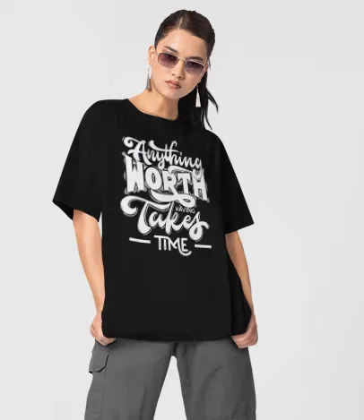 Glitzo Anything Worth Takes Time Oversized tee - Image 3