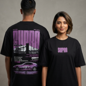 Front and back view of a male and female model styling a black unisex oversized streetwear t-shirt with a massive purple halftone "SUPRA" text graphic and a purple sports car print on the back.