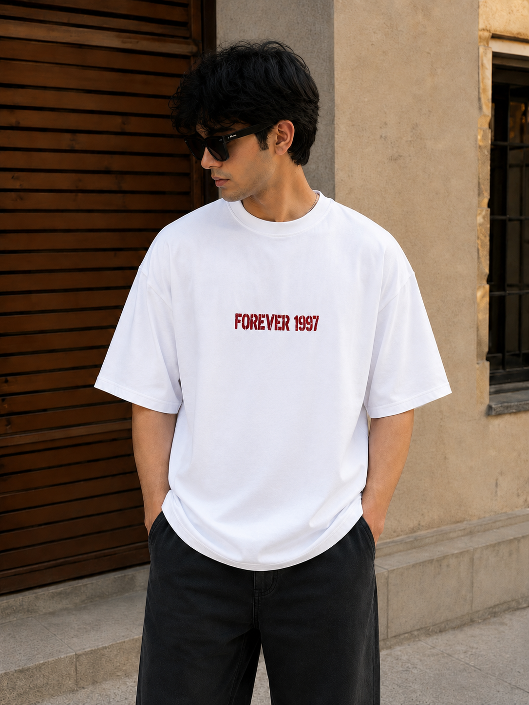 Glitzo 97 White Oversized Drop Shoulder Graphic T-Shirt for Men