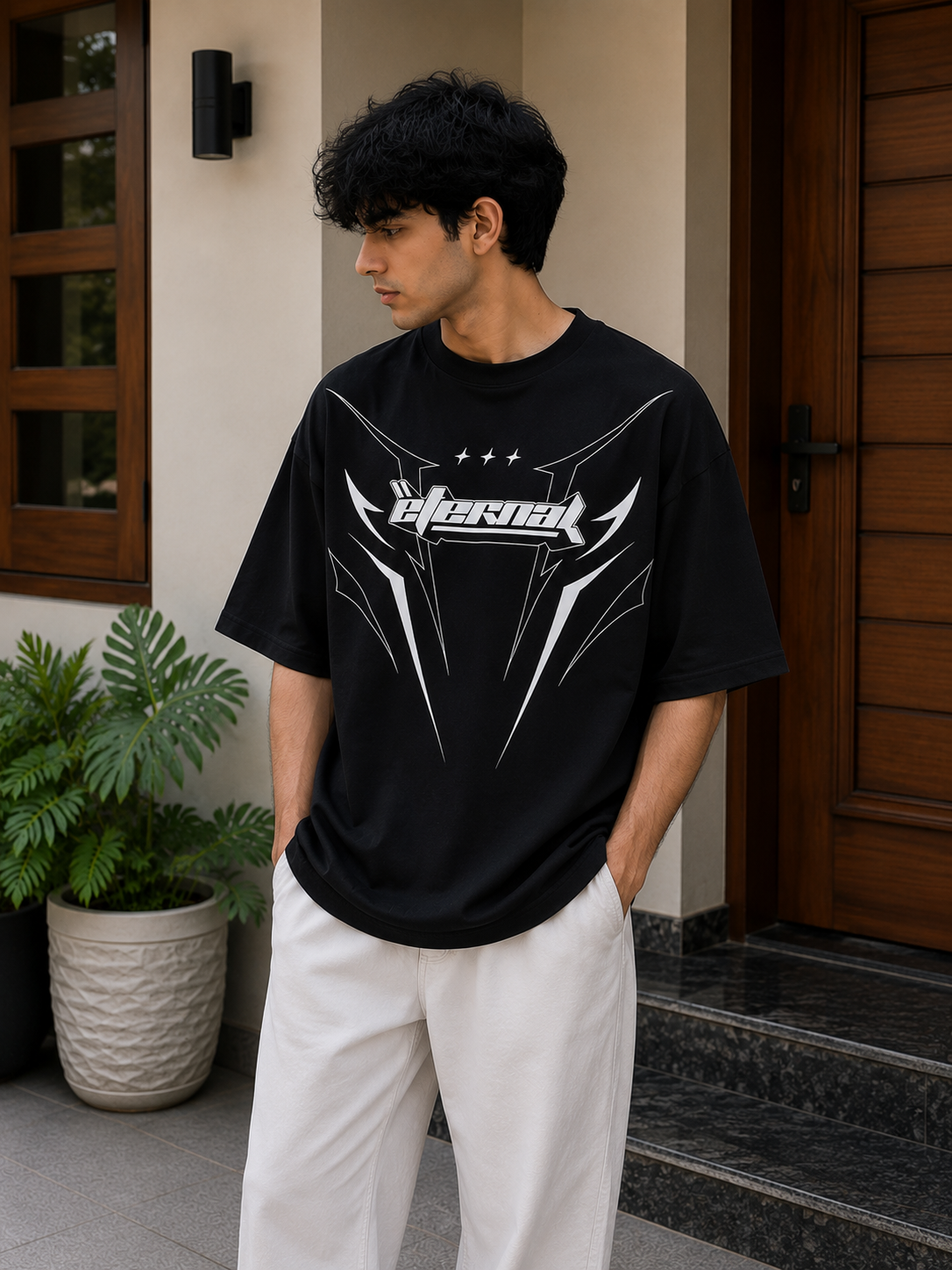 Glitzo Eternal Black Oversized Drop Shoulder Graphic T-Shirt for Men