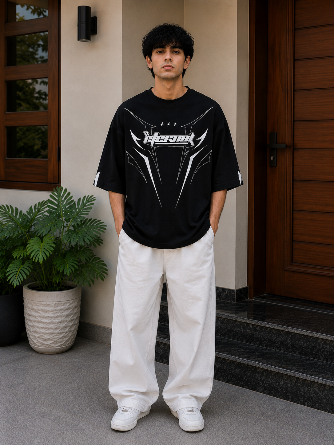 Glitzo Eternal Black Oversized Drop Shoulder Graphic T-Shirt for Men
