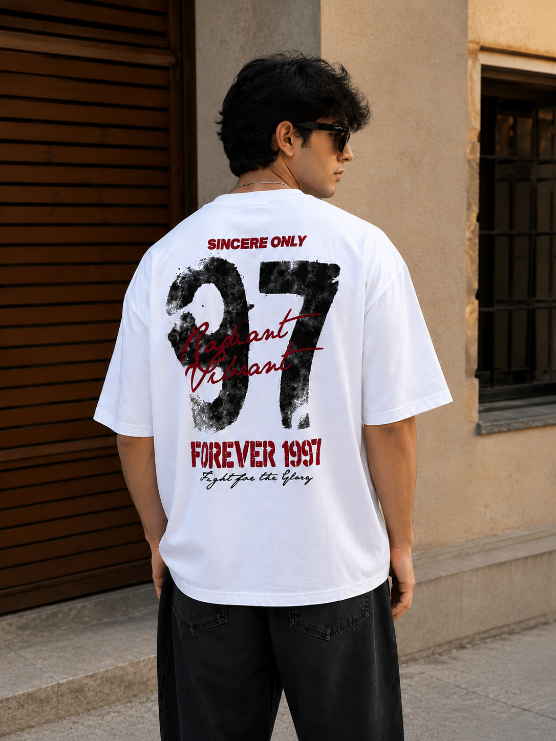 Glitzo 97 White Oversized Drop Shoulder Graphic T-Shirt for Men
