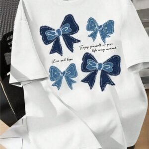Glitzo Denim Bow White Oversized Drop Shoulder Graphic T-Shirt for Women
