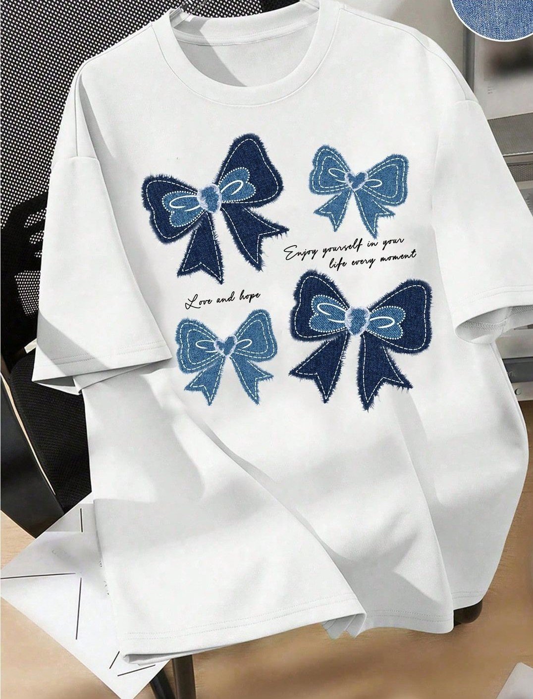 Glitzo Denim Bow White Oversized Drop Shoulder Graphic T-Shirt for Women