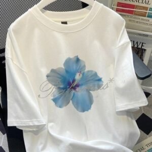 Glitzo Blue Blossom White Oversized Drop Shoulder Floral Graphic T-Shirt for Women