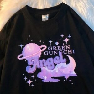 Glitzo Green Gunchi Angel Black Oversized Drop Shoulder Graphic T-Shirt