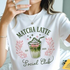 Glitzo Matcha Latte Social Club White Oversized Drop Shoulder Graphic T-Shirt for Women