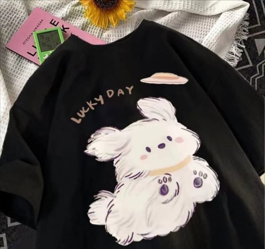 Glitzo Lucky Day Teddy Bear Oversized Drop Shoulder Graphic T-Shirt for Women