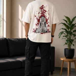 Off-White Anime Oversized T-Shirt with Bloody Japanese Art Back Print