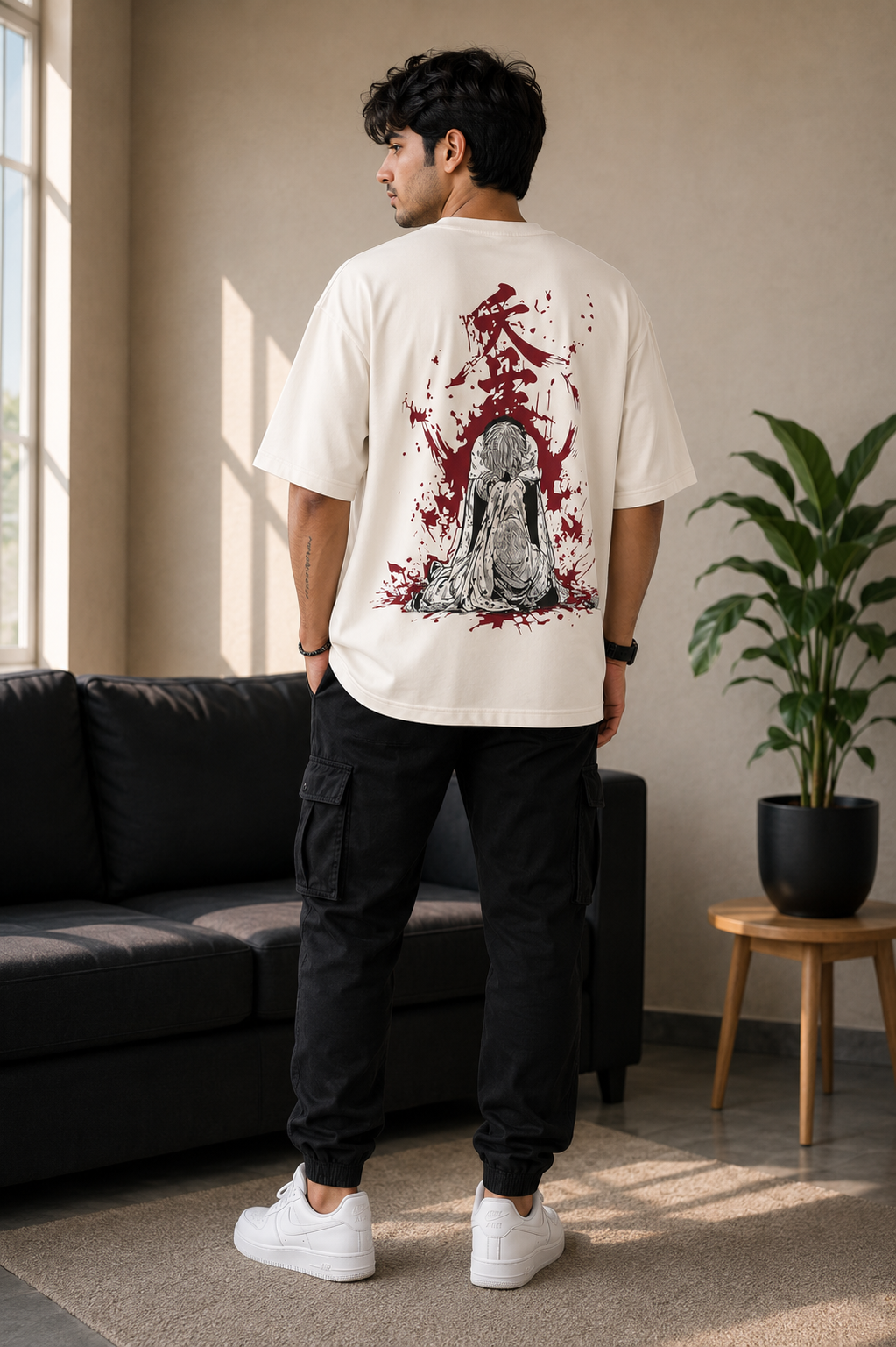 Off-White Anime Oversized T-Shirt with Bloody Japanese Art Back Print