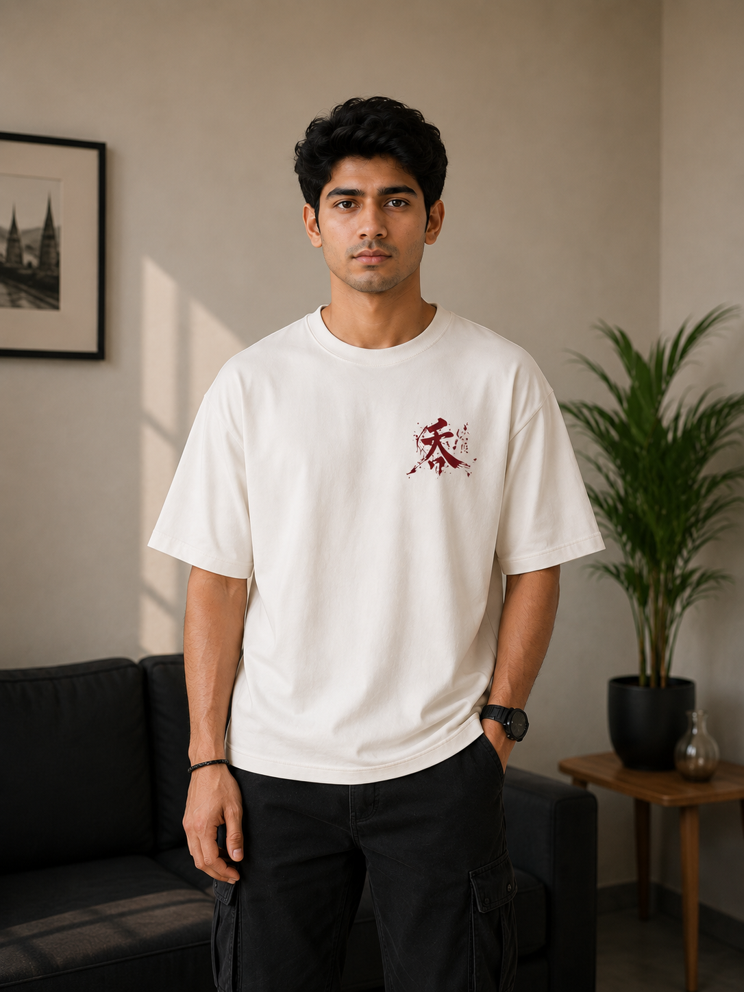 Off-White Anime Oversized T-Shirt with Bloody Japanese Art Back Print