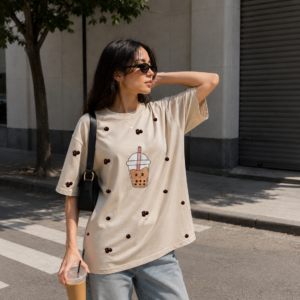 Glitzo Bubble Tea Oversized Drop Shoulder Cute Boba Graphic T-Shirt for Women