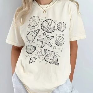 Women's Oversized Seashell & Starfish Graphic T-Shirt – Beach Aesthetic Casual Summer Tee