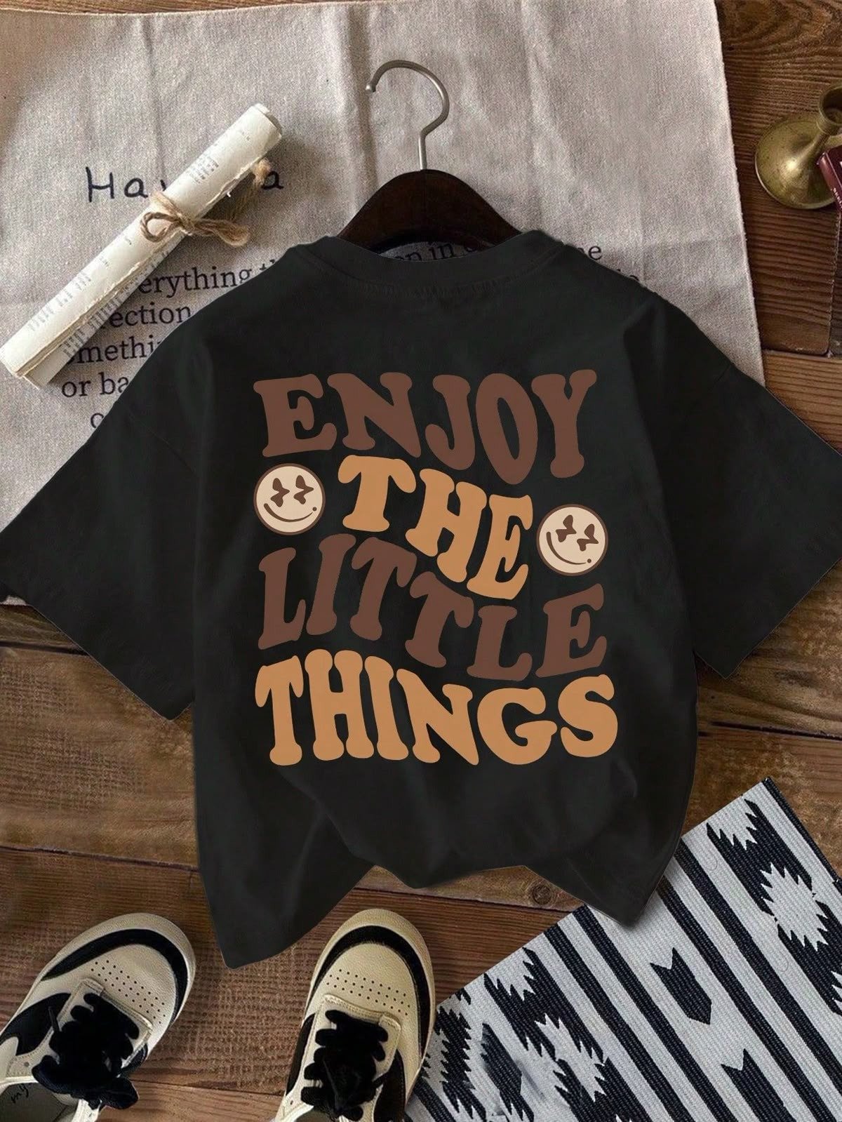 Glitzo Enjoy The Little Things Black Oversized Drop Shoulder Typography Graphic T-Shirt for Men