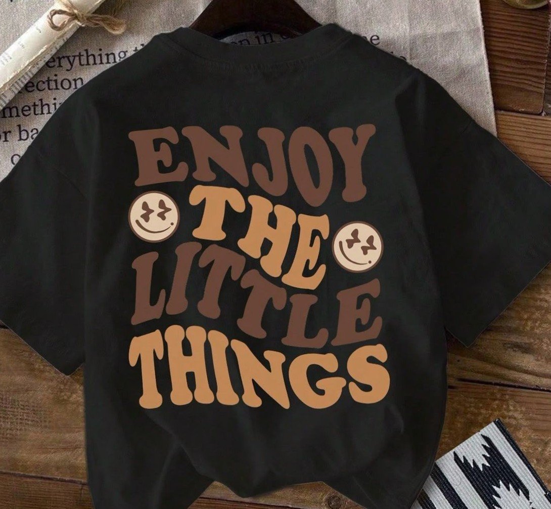Glitzo Enjoy The Little Things Black Oversized Drop Shoulder Typography Graphic T-Shirt for Men