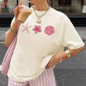 Glitzo Pink Coastal White Oversized Drop Shoulder Graphic T-Shirt for Women