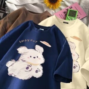 Glitzo Lucky Day Teddy Bear Oversized Drop Shoulder Graphic T-Shirt for Women