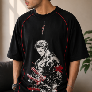 Zoro Swordsman Black Anime Graphic Oversized T-Shirt | Red Piping Tee