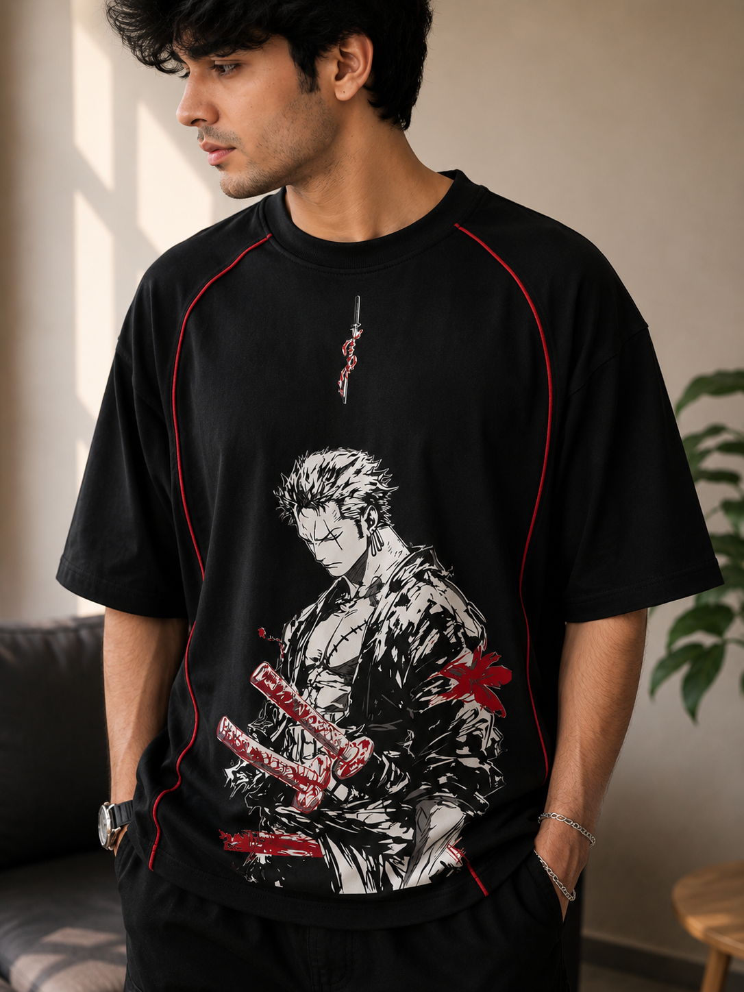 Zoro Swordsman Black Anime Graphic Oversized T-Shirt | Red Piping Tee
