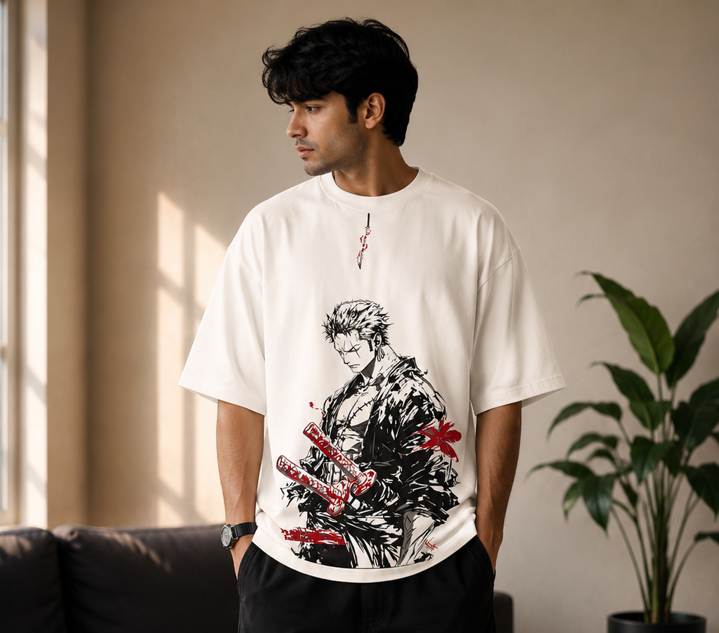 : Zoro Swordsman Anime Graphic Oversized T-Shirt | White Streetwear Tee