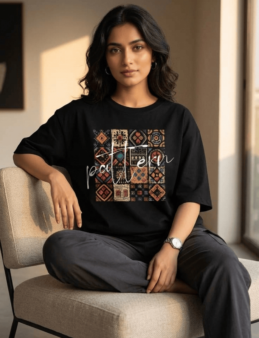 Boho Patchwork Pattern Oversized T-Shirt | Black Streetwear Tee