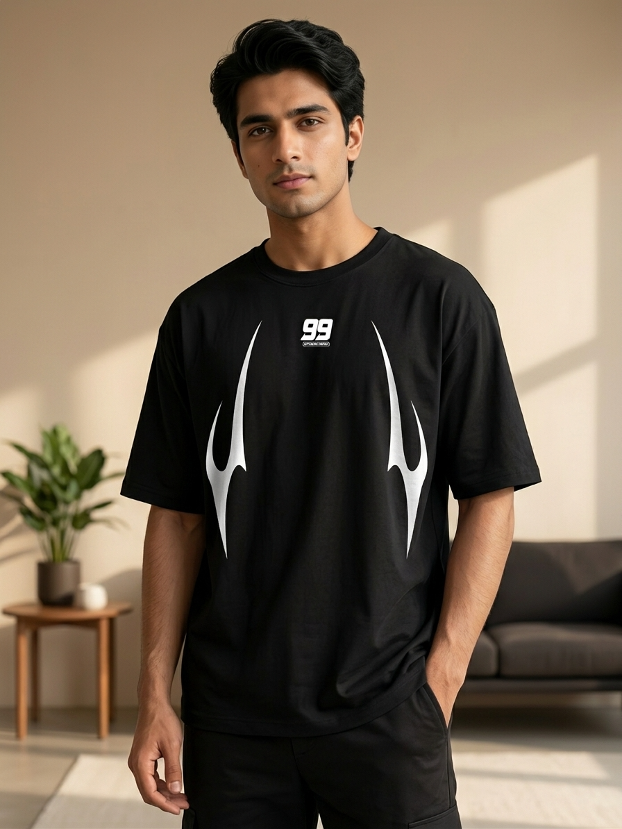 Number 99 Tribal Graphic Oversized T-Shirt | Black Streetwear Tee