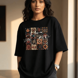 Boho Patchwork Pattern Oversized T-Shirt | Black Streetwear Tee