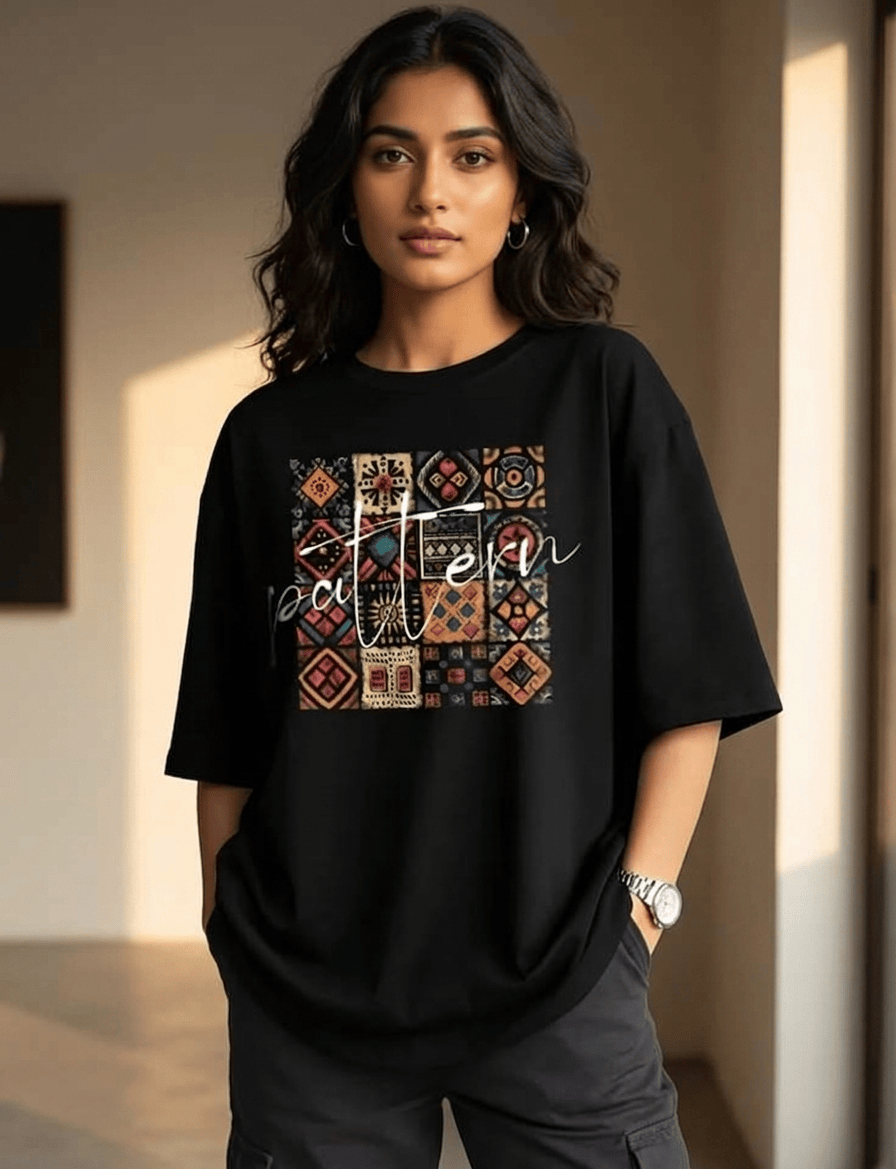 Boho Patchwork Pattern Oversized T-Shirt | Black Streetwear Tee
